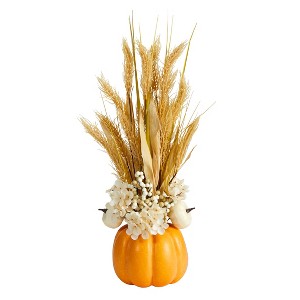Nearly Natural 21-in Autumn Dried Wheat and Pumpkin Artificial Fall Arrangement in Decorative Pumpkin Vase - 1 of 4