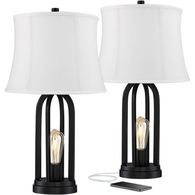 360 Lighting Industrial Table Lamps Set of 2 with USB Charging Port and Nightlight LED Black Cream Shade for Living Room Bedroom