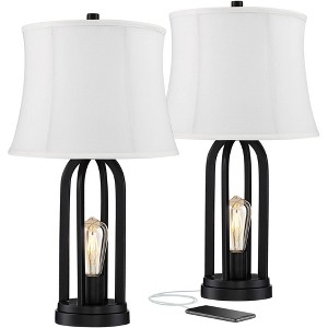 360 Lighting Marcel Industrial Table Lamps 24 1/4" High Set of 2 Black with USB Charging Port and Nightlight LED Cream Shade for Bedroom Bedside Desk - 1 of 4