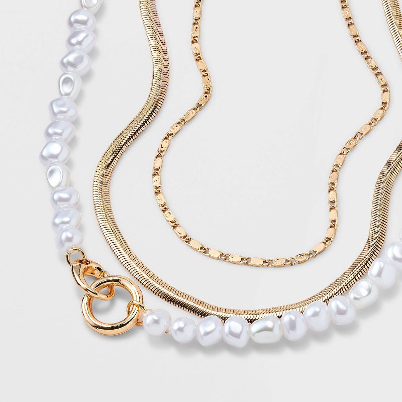 Gold Pearl Herringbone Chain 3 Row Necklace - A New Day&#8482; Gold, 4 of 5