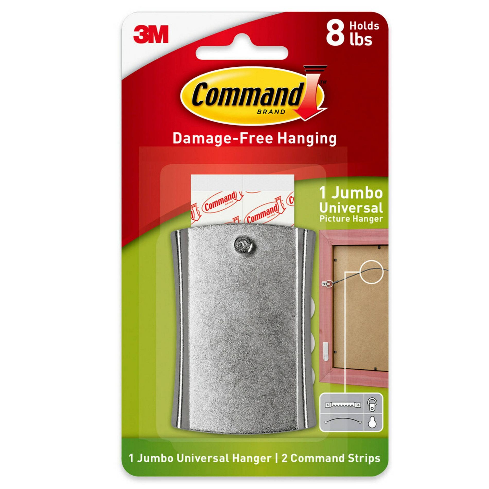 Command JSticky Nail Wire Back Hanger White: Adhesive Hooks, Metal, 8 lb Capacity, Light Silver, 1 Pack