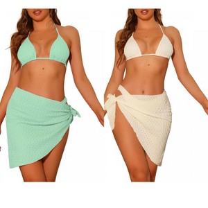 Elerevyo Women's Halter Bikini Sets, Hollow Out Mesh Swimsuits with Sarong Cover Ups Beach Skirt Bathing Suit 3 Pcs 2 Sets - 1 of 4