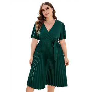 Coolmee Women's Plus Size Midi Dress Casual Floral V Neck Short Sleeve Pleated Flowy Sundress - 1 of 4