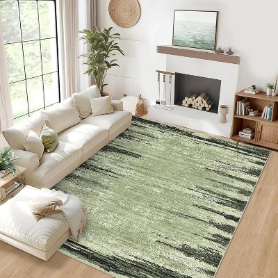 Modern Abstract 6x9 Green Washable Rug, Non-Slip Stain-Resistant Low Pile Carpet for Bedroom, Living Room, Dorm, or Kids Room Flooring