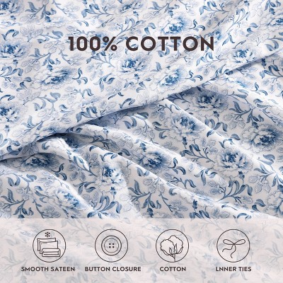 Lorelei Blue Floral Cotton Sateen Full/Queen Duvet Cover Set
