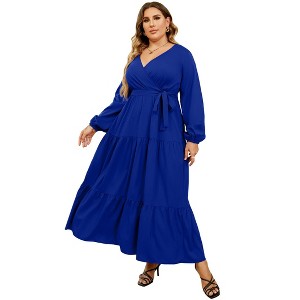 Plus Size Women's V Neck Long Sleeve Maxi Dress Floor Length Elegant Casual - 1 of 4