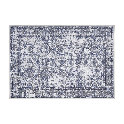 Faux Wool Vintage Distressed Floral Printed Area Rug with Floral  Vintage Design  Ultra Thin Low Pile Machine Washable Non Slip Stain Resistant Non