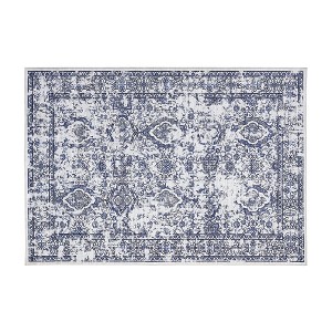 Faux Wool Vintage Distressed Floral Printed Area Rug with Floral  Vintage Design  Ultra Thin Low Pile Machine Washable Non Slip Stain Resistant Non - 1 of 4