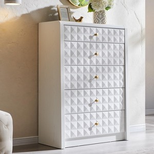 SinCiDo 5 Drawer Dressers for Bedroom, Wood Tall Closet Chest of Drawers with Diamond Panel Decorate, Mid Century Modern Storage Organizer - 1 of 4