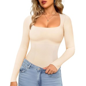 Nebility™ Square Neck Long Sleeve Shapewear Top - Seamless Tummy Control Body Shaper for Women - 1 of 4