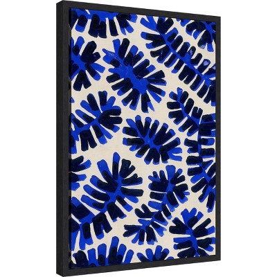 Modern Blue and Black Leaf Motif Framed Canvas Wall Art 16 x 23 inches