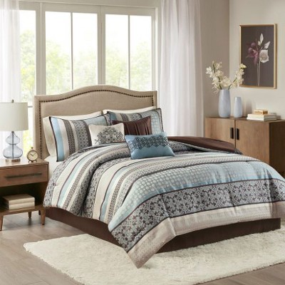 Sapphtopaz Traditional 7-Piece Jacquard Comforter Set, Geometric & Damask Design with Decorative Pillows, Bed Skirt (Includes Comforter & Shams)