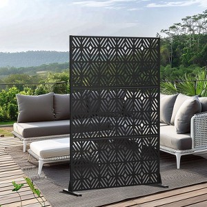 Pexfix 72 x 47 Inch Metal Privacy Screen Freestanding Outdoor Divider Panel For Patio Deck Balcony Heavy Duty Base Weatherproof Black Striped Pattern - 1 of 4