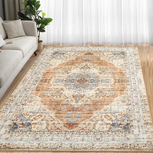 Area Rug 5x7 Washable Vintage Carpet for Office Soft Retro Low Pile Thin Rug Non Slip Oriental Medallion Floor Cover for Bedroom Dining Room - 1 of 4