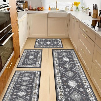 DOMETOUR Boho Kitchen Rugs Sets 4 Piece with Runner Floral Kitchen Floor Mat, Non Skid Washable Runner Rug for Kitchen Floor Sink