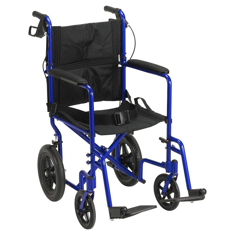 Drive Medical Lightweight Expedition Transport Wheelchair with Hand Brakes, Blue, 1 of 4