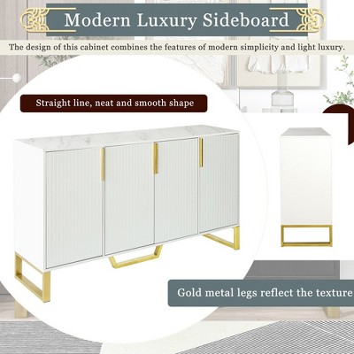 60" White Modern Sideboard with Gold Metal Legs and Marble Top