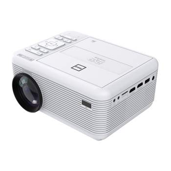 RCA Bluetooth® 480p LCD Compact Projector with Built-in DVD Player, 100-In. Foldup Screen, and Remote (White).