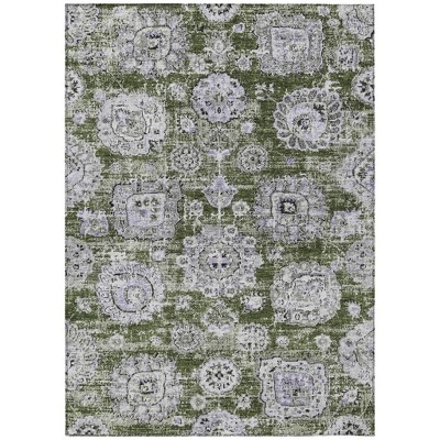 Olive Green And Gray Floral Washable Indoor Outdoor Area Rug