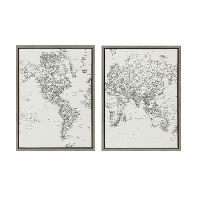 Kate and Laurel Sylvie Vintage Black and White World Map Framed Canvas Set by The Creative Bunch Studio, 2 Piece 18x24, Gray