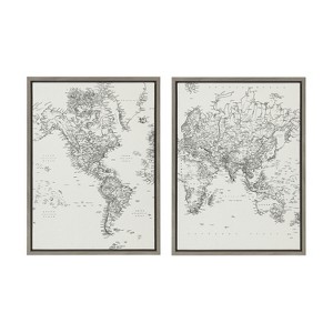 Kate and Laurel Sylvie Vintage Black and White World Map Framed Canvas Set by The Creative Bunch Studio, 2 Piece 18x24, Gray - 1 of 4