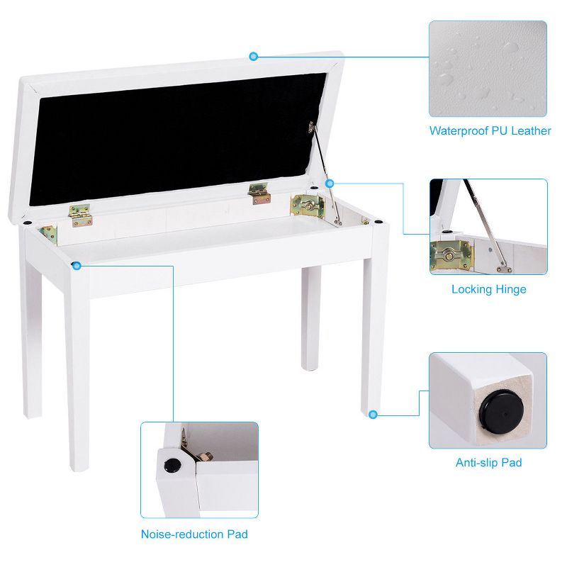Costway Solid Wood PU Leather Piano Bench Padded Double Duet Keyboard Seat Storage White, 4 of 10