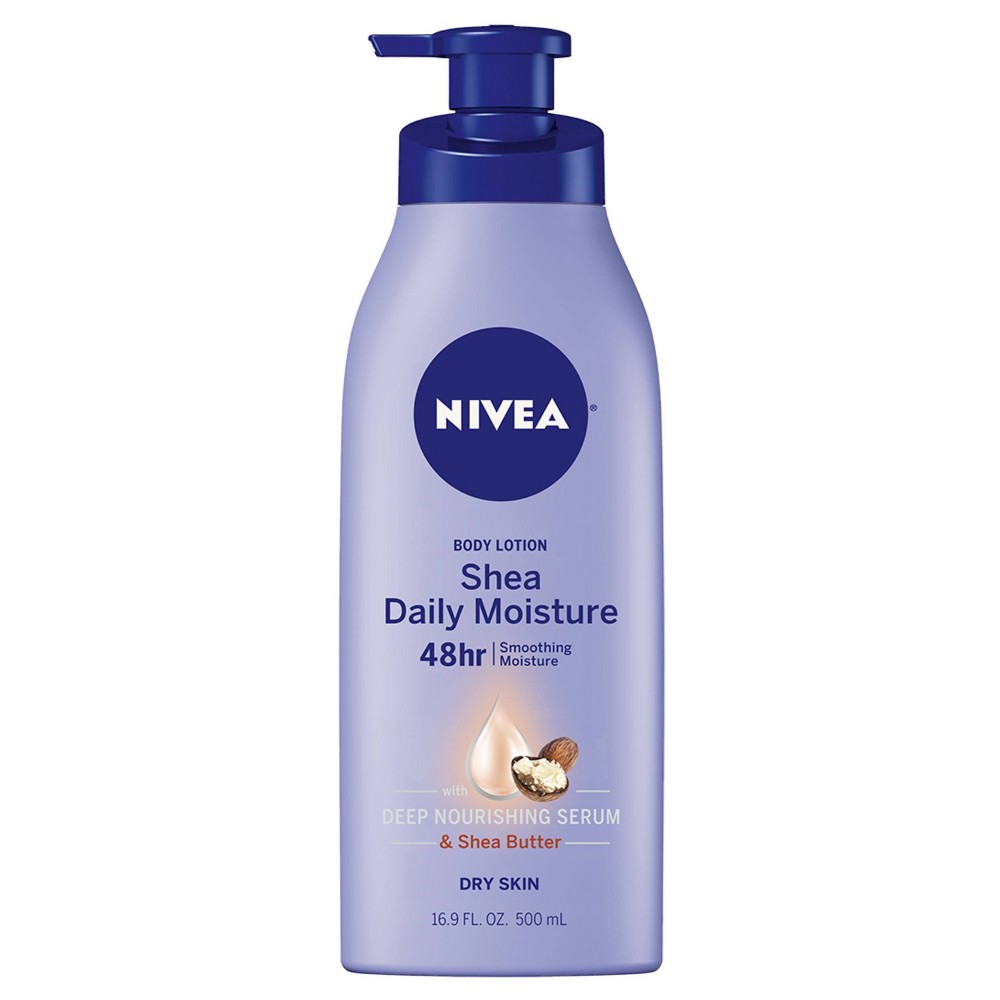 NIVEA Shea Daily Moisture Body Lotion - 16.9 fl oz Reveal irresistibly soft skin with the NIVEA Shea Daily Moisture Body Lotion. The lightweight, non-greasy formula in this NIVEA body lotion intensively moisturizes for 48 hours. This daily body lotion formula gently melts into skin leaving it silky and smooth after just one application, and is enriched with Shea Butter and NIVEA Deep Nourishing Serum. NIVEA Shea Daily Moisture Body Lotion is dermatologically tested. This NIVEA lotion is also a perfect solution for those looking for a daily hand lotion or foot lotion. NIVEA is proud to be one of the leading companies in the field of skin care products, with more than 130 years of experience. Daily body lotion is a key part of a skincare routine and this product pairs well with NIVEA Body Wash as part of a daily skin care regimen. To use, pump lotion and smooth shea butter body lotion over body daily.