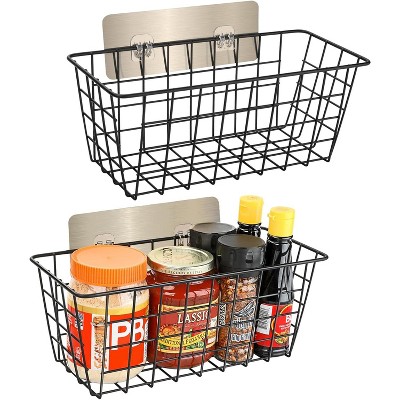 2 Pack Hanging Wall Basket Wire Storage Baskets, Adhesive Basket for Cabinet Door Organizer No Drilling