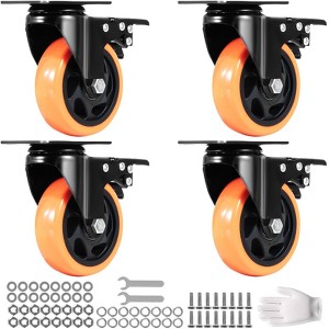VEVOR Caster Wheels, 4-inch Swivel Plate Casters, Set of 4, with Security A/B Locking No Noise PVC Wheels, Heavy Duty 350 lbs Load Capacity,Orange - 1 of 4