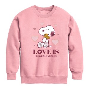 Boys' - Peanuts - Love Is Snuggles And Cuddles Graphic Long Sleeve Fleece Sweatshirt - 1 of 4