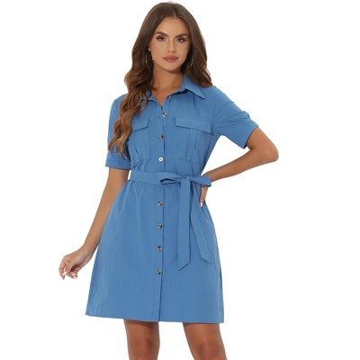 Allegra K Women's Collared Side Pockets Button Up Cotton Belted Shirt Dress