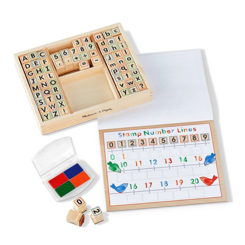 Melissa &#38; Doug Deluxe Letters and Numbers Wooden Stamp Set ABCs 123s With Activity Book, 4-Color Stamp Pad, 1 of 15
