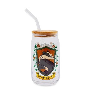 Silver Buffalo Harry Potter Hufflepuff House Mascot Glass Tumbler With Bamboo Lid and Straw - 1 of 4