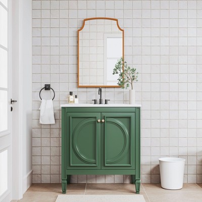 PexFix Green Bathroom Vanity Set with Arched Mirror 30 Inch Single Sink Vanity Cabinet with Soft-Close Doors & Drawers for Bathroom Storage and Décor