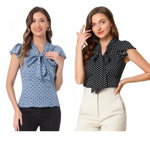 INSPIRE CHIC Women's Polka Dots Tie V Neck Flutter Cap Sleeve Blouse 2 Packs - 1 of 4