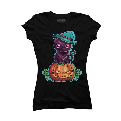 Junior's Design By Humans Ferociously Cute Halloween Vampire Witch Kitty Cat By LittleBunnySunshine T-Shirt