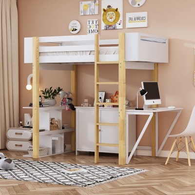 Whisen Morden Design Wood Loft Bed With Built-in Storage Cabinet and Cubes, Foldable Desk