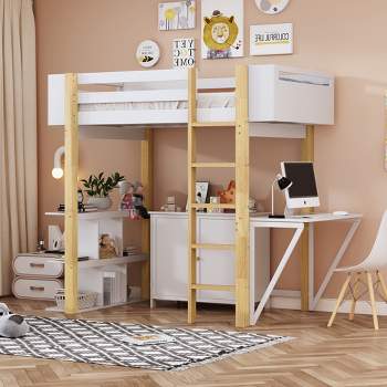 Twin/Full Size Wood Loft Bed with Built-in Storage Cabinet and Cubes, Foldable desk, White/Gray, 4A -ModernLuxe
