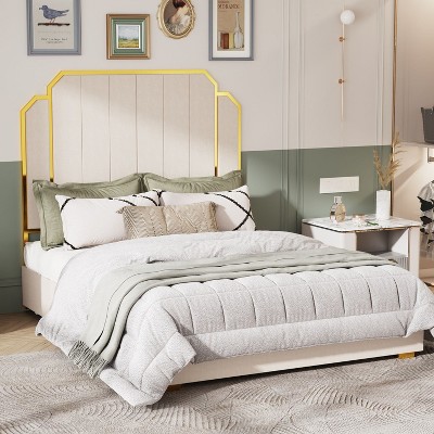 NicBex Queen Upholstered Bed Frame with 59.06" Tall Headboard,Wood Platform Bed with Golden Plating Trim,Easy Assembly,No Box Spring Needed