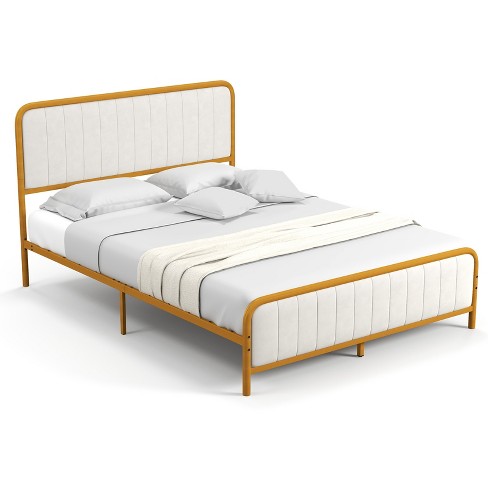 Infans Queen Gold Metal Bed Frame Upholstered Platform Bed with Velvet Headboard - image 1 of 4