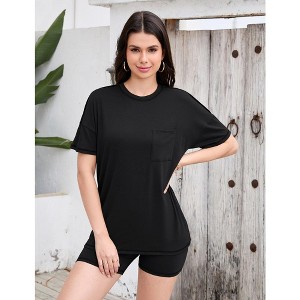 Women Casual Loose Two Piece Loungewear Set with Pockets T-shirt and Shorts Pajamas Set - 1 of 4