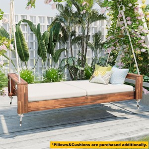 Twin Size Wood Hanging Porch Swing With Ropes,Patio Acacia Wood Swing,Outdoor Furniture - Maison Boucle - 1 of 4