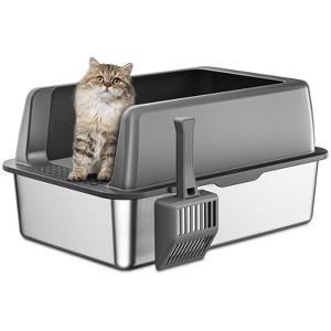 Zarler Stainless Steel Litter Box with Lid, Extra Large XL for Big Cats with High Side, Non-Sticky, Easy to Clean, Anti-Urine Leakage, Gray - 1 of 4