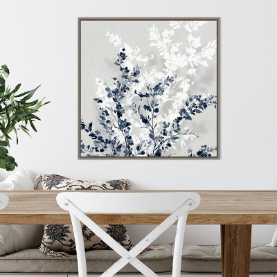 22" x 22" Blue and White Abstract Botanic-Inspired Framed Canvas Wall Art