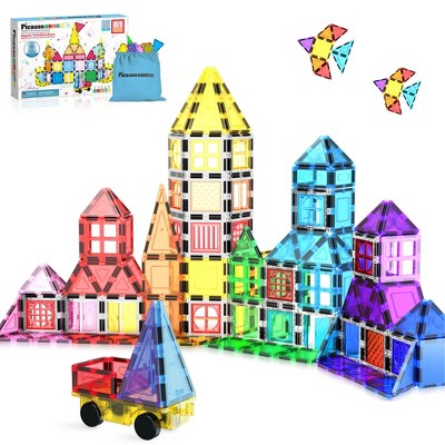 PICASSO-TILES 61 PC Magnetic Tile with Winows and Doors Set Magnetic Tiles, Magnetic Building Blocks for Kids, Magnet for Kids 3+