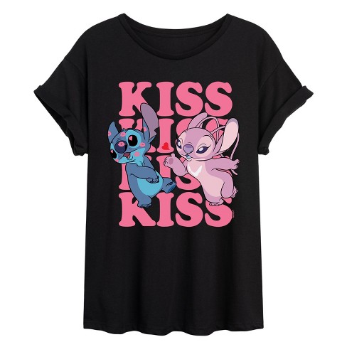 Women s Disney Valentine s Day Stitch Kiss Repeated Oversized Graphic T shirt Black Small Target