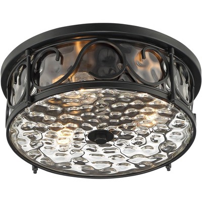 Matte Black Rustic Flush Mount Ceiling Light with Hammered Glass
