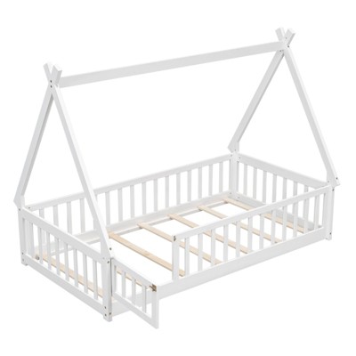 Fontoi Beds, Twin Tent-shaped Floor Bed with Guardrails and Slats, Wood Floor Bed with Fence and Door for Girls and Boys, White, 46.5"*59.1"*78.2"