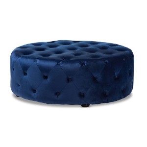 Cardiff Velvet Fabric Upholstered Button Tufted Cocktail Ottoman Blue - Baxton Studio: Eucalyptus Wood, Plush Seating - 1 of 4