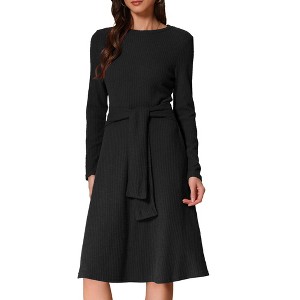 INSPIRE CHIC Women's Long Sleeve Rib Knit Crew Neck Midi Tie Waist Elegant Sweater Dress - 1 of 4